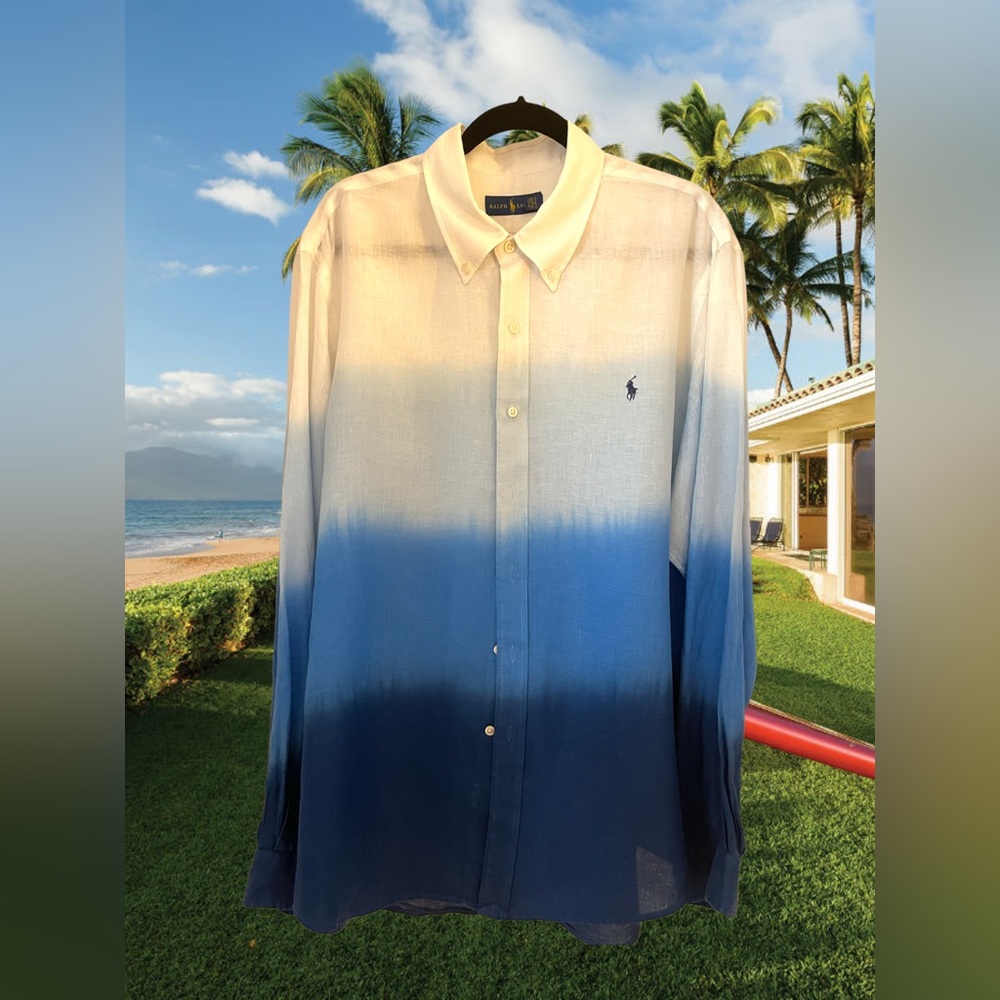 Men’s Ralph Lauren Linen Oxford White and Blue Tie-Dye Shirt Size XXL